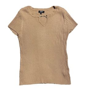 Tan Ribbed Knit Short Sleeve Sweater Top